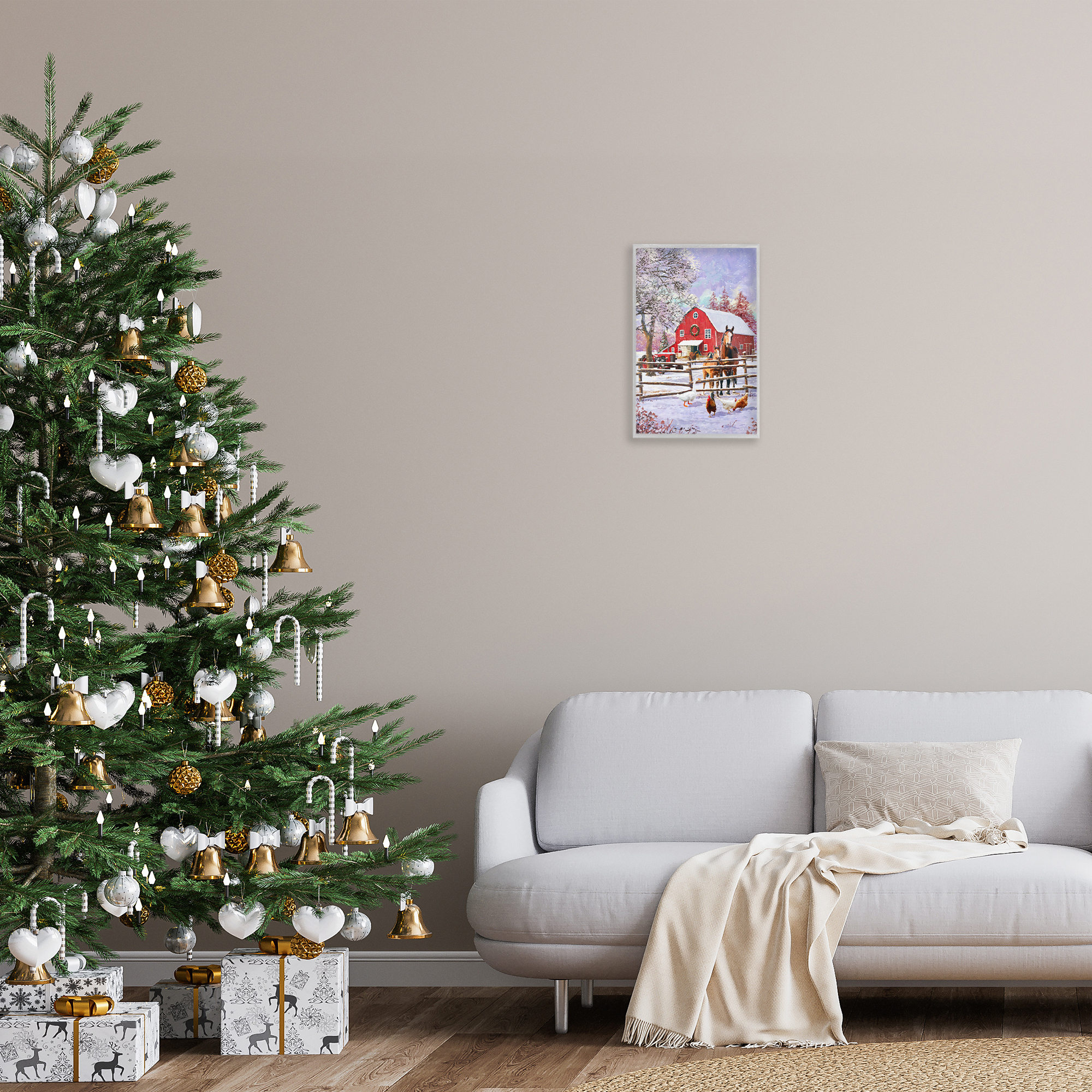 Stupell Industries Winter Farm Scene Holiday Painting Gray Framed Art Print Wall Art, 12 x 18