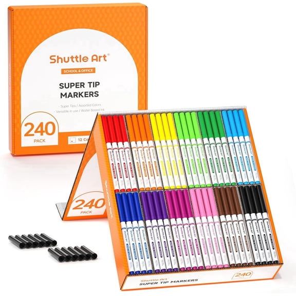Shuttle Art 240 Pack Washable Super Tips Markers, 12 Assorted Colors Conical Tip Large Markers Bulk with a Box, Bonus Caps