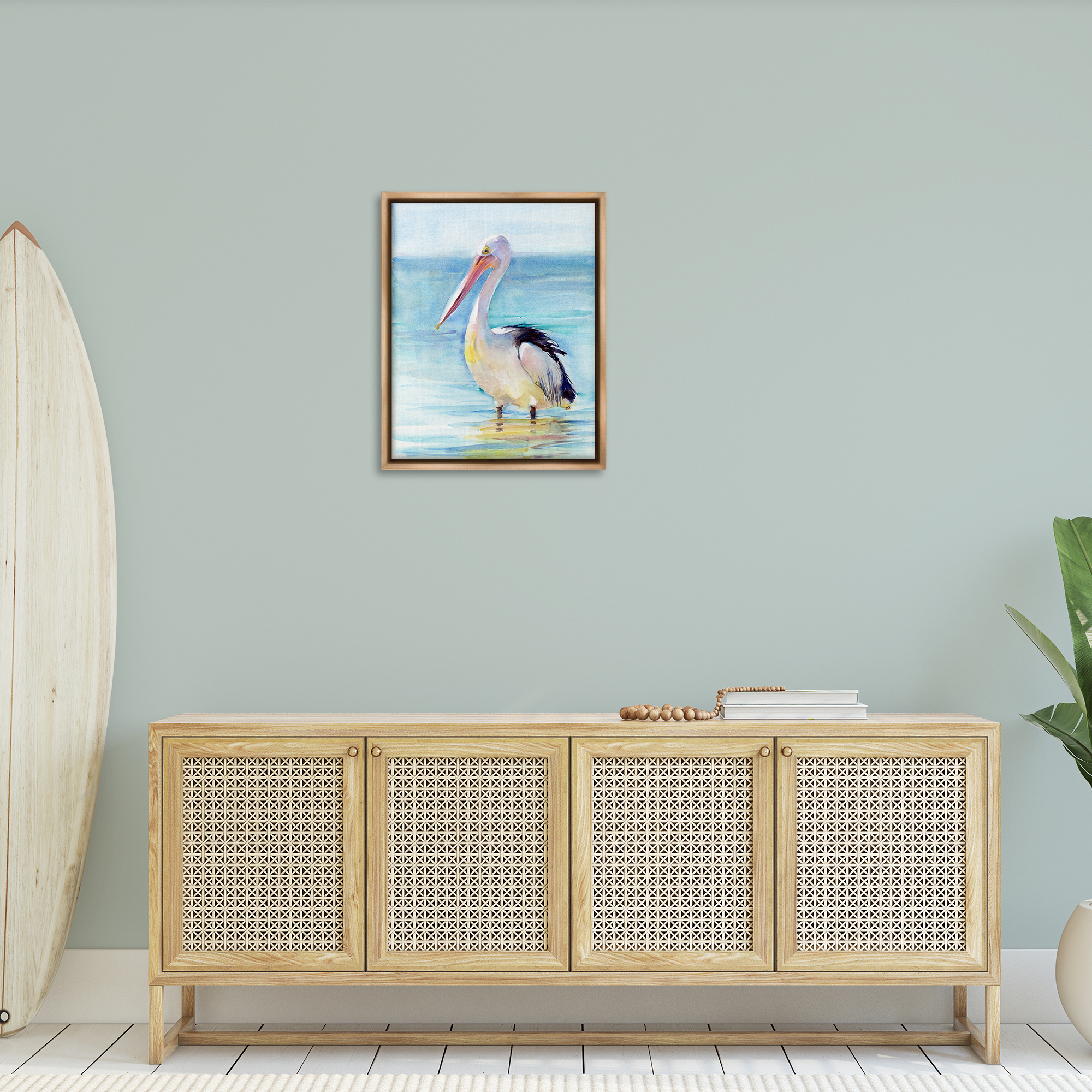 Stupell Industries Pelican Wading in Sea Nautical & Beach Painting Brown Floater Framed Canvas Art Print Wall Art, 25 x 31