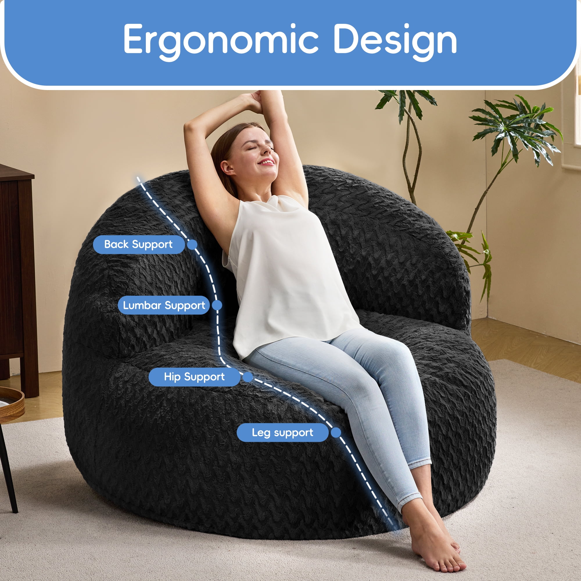 Hobestluk 4FT Bean Bag Chair for Adults with Memory Foam Filler Giant Beanbag with Faux Fur Cover for Bedroom (Chevron Black,Oversize)