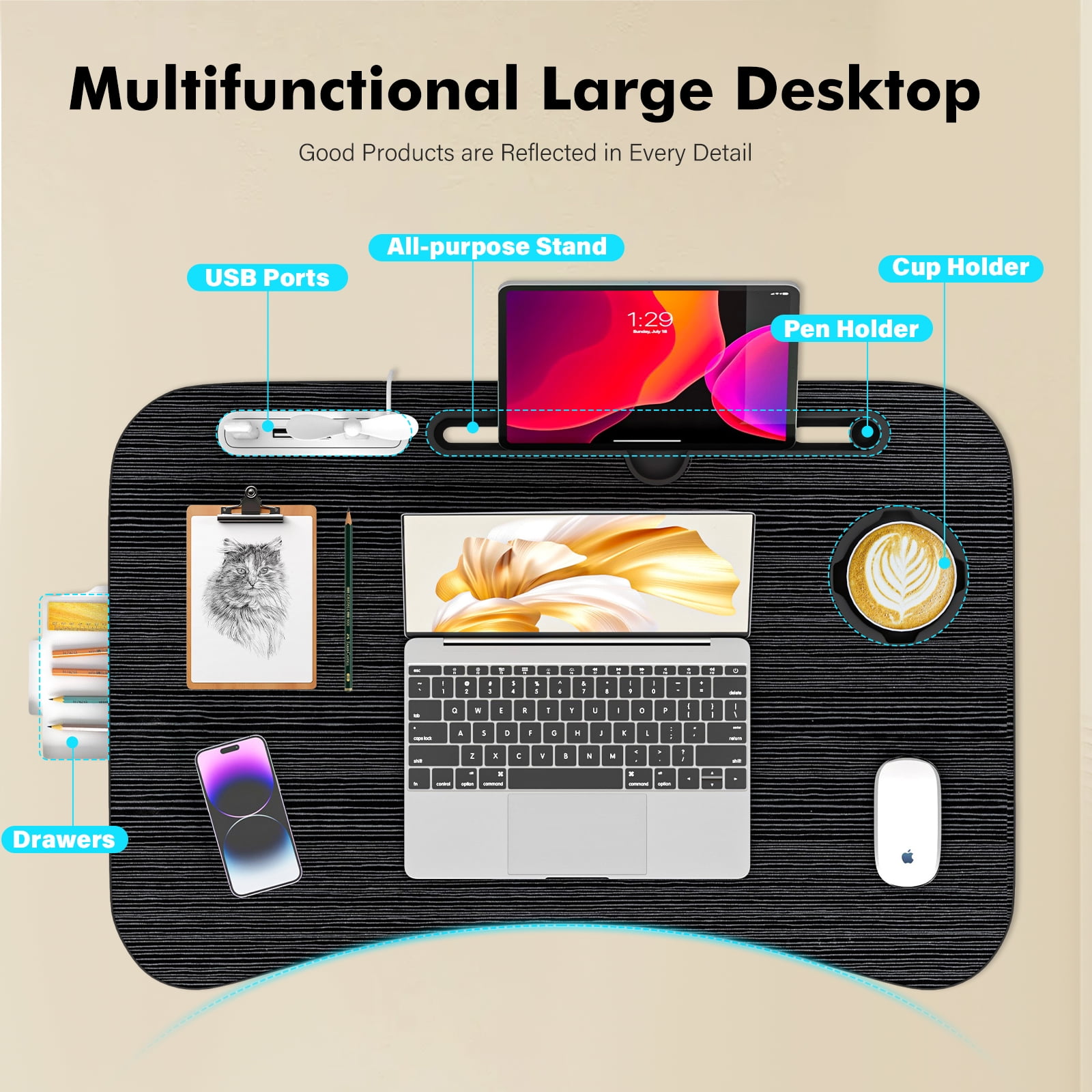 Foldable Laptop Desk,Height Adjustable,with USB/Storage Drawer/Cup Holder/Tablet Stand/Book Shelf for Reading,Writing,Eating,Watching,Black