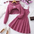thumbnail image 2 of CAIVO Girls Ribbed Hooded Long Sleeve Tops With Suspenders Pleated Dress Two Piece Outfits For Fall Winter Kids Versatile Clothes Sets Solid Color, 2 of 8
