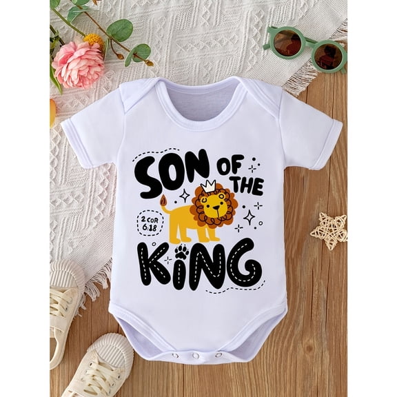Son of the King Lion Graphic Baby Bodysuit - 100% Cotton Soft Stretchy Newborn Infant Romper with Playful Letter Print, All-Season Casual Outfit for 0-3 Years, Perfect Pregnancy Gift
