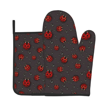 

Vsdgher Red Ladybugs On Dark Background Oven Mitts and Pot Holders 2 pcs Set High Heat Resistant Kitchen Oven Glove for Baking and Cooking