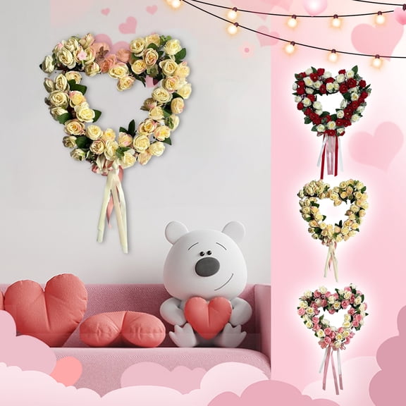 35Cm Champagne Artificial Heart-Shaped Rose Wreath, Door Hanging decor with Flowing Ribbons, for Wedding Venue Styling, Bedroom Wall Accents, and Festive Home Displays