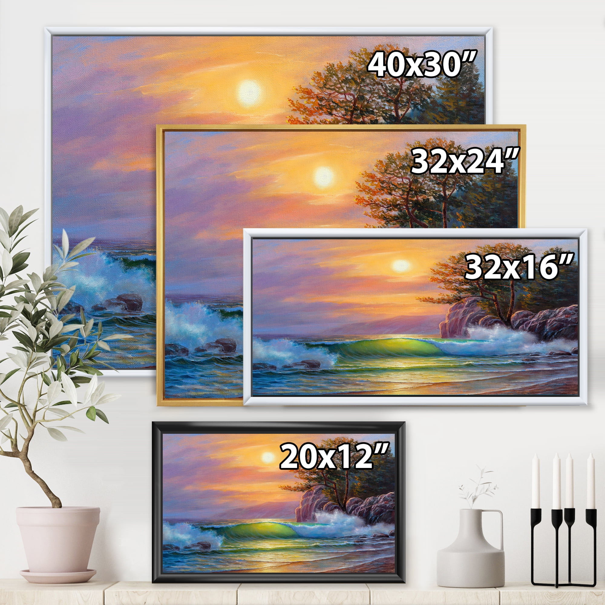 Designart 'Sunrise On Sea Waves By The Pine Trees' Nautical & Coastal Framed Canvas Wall Art Print