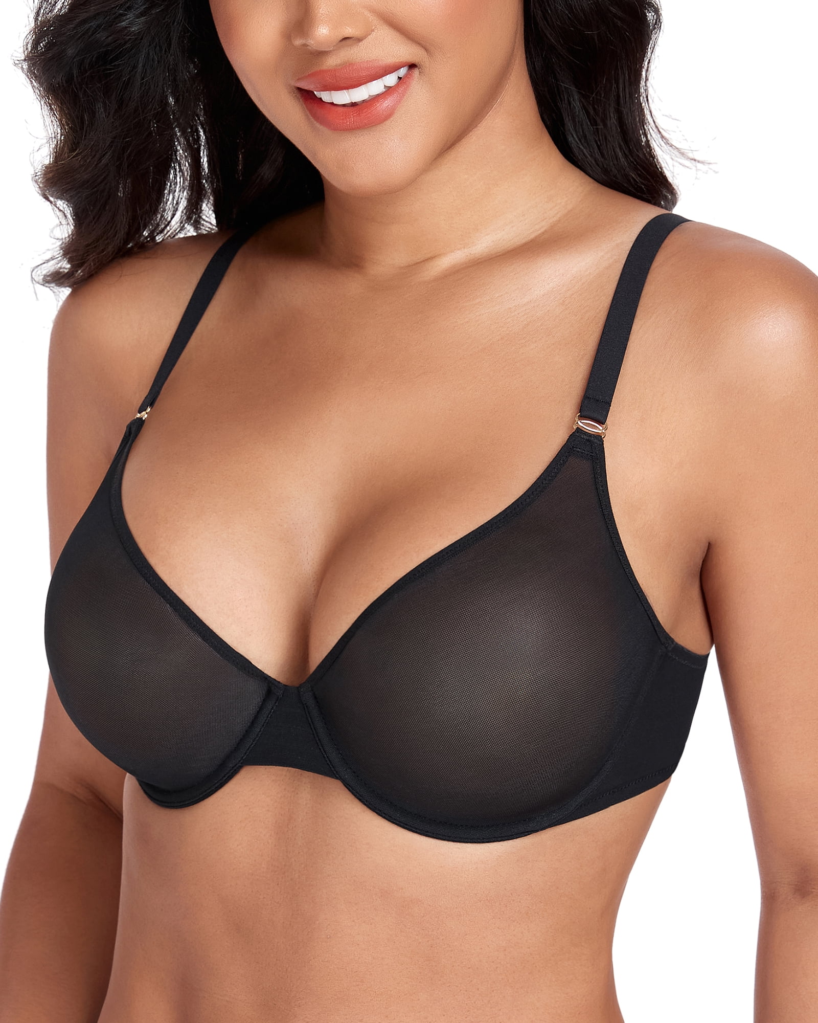 Exerin Women's See Through Underwire Unlined Comfort Sexy Sheer Mesh Bra(34DD,Black)