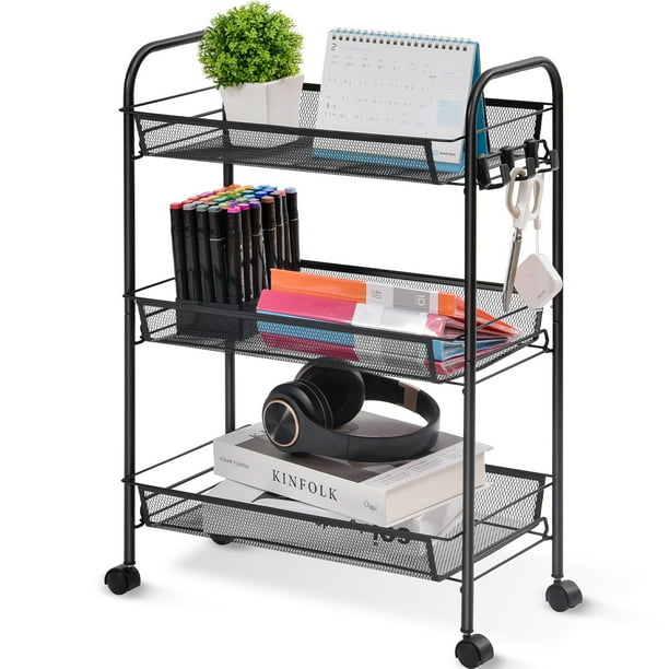 Kingrack 3 Tier Rolling Cart Organizer,Metal Mesh Rolling Storage Cart