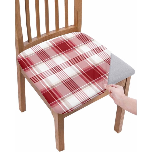 Red Checkered Chair Seat Covers for Dining Room Stretch Chair Seat Covers Set of 4, Red White Plaid Farmhouse Chair Seat Protector Cushion Slipcovers for Kitchen Restaurant Office