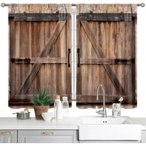 Rustic Barn Door Kitchen Curtains Rod Pocket Farmhouse Wooden Cafe Curtains Western Wood Cabin Decor Retro Brown Country Garage Art Printed Small Window Drapes Fabric 2 Panels 42x63 Inch