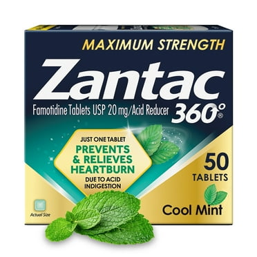 Zantac 360 Maximum Strength Prevents & Relieves Heartburn Cool Mint 20mg Famotidine USP Tablets /Acid Reducer, 50 ct.