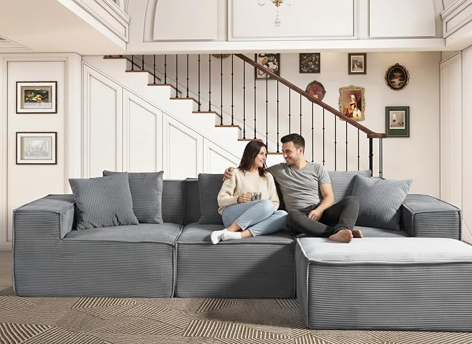 US Pride Corduroy Sectional Couch with Ottoman & Pillows
