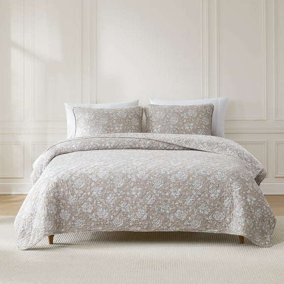 Lush Decor Zara Floral Block Reversible Cotton Quilt 3 Piece Set King/ Cal King Neutral - Floral Bedding Set - Block Print Quilt - Vintage Coquette Decor