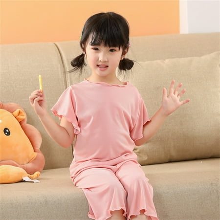

Girls Spring and Summer Solid Color Ice Silk Short Sleeve Long Pants Home Wear Pajamas Set