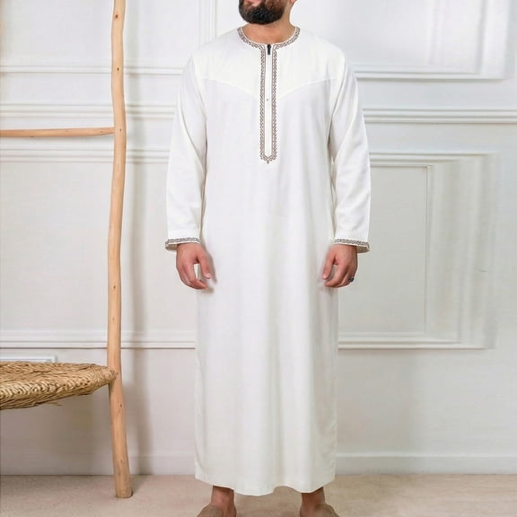 Gamivast Men Shirts Casual Stylish Islamic Kaftan Robe Embroidery Breathable Casual Shirts Stand Collar Dress Shirts Long Sleeve Muslim Prayer Ramadan Thobe