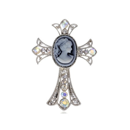 Frame Shell Cameo Pin - Blue Ponytail Maiden Lady Cameo AB CLR Crystal Rhinestone Cross Frame Pin Brooch