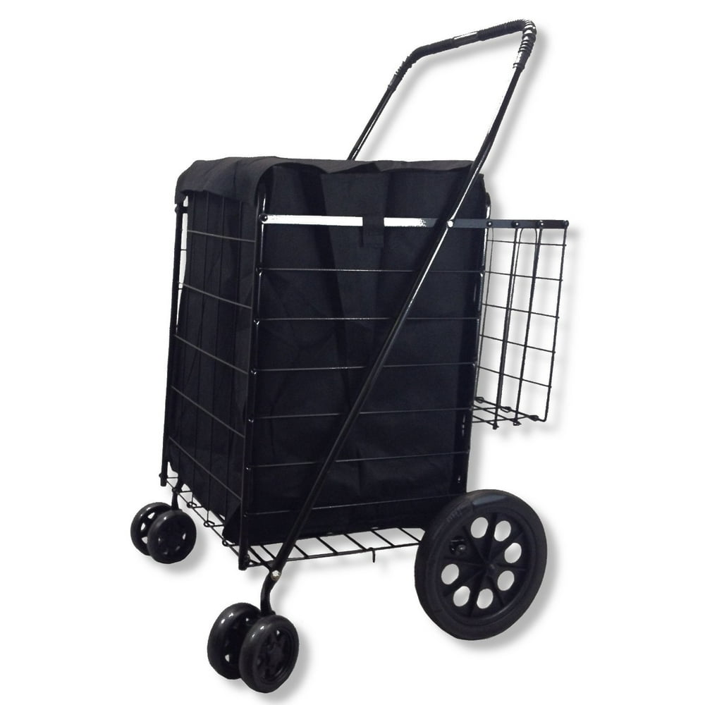 BLACK Folding Shopping Cart With Black Liner DOUBLE BASKET SWIVEL