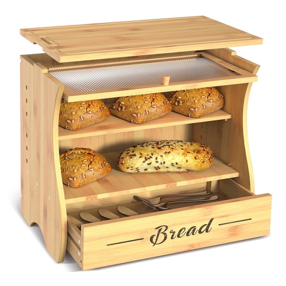 Extra Large Double Layer Bamboo Bread Box with Cutting Board Top & Ventilation