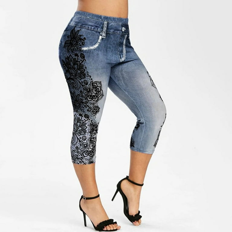 Butt Lift Capri Jeans Jeggings for Girls Plus Size,High Waist Stretch Lace  Trim Pencil Denim Pants,Womens Floral Print Cropped Leggings 2024 