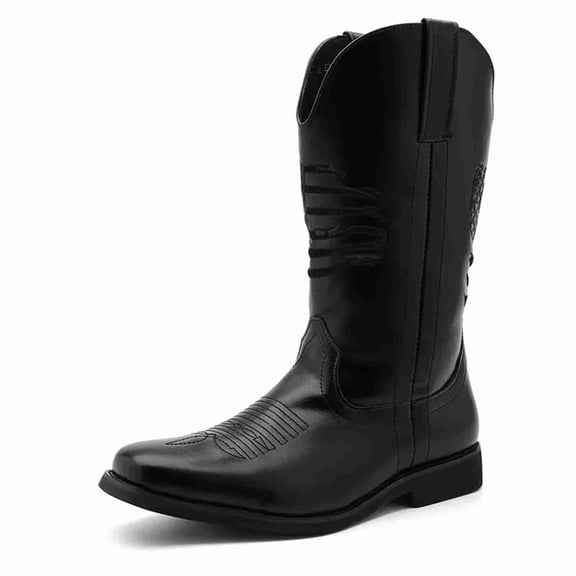 Men's Classic Western Cowboy Boots - Square Toe Tall Boots with Embroidered Design, Durable Riding Boots for Men Slip-On