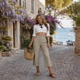 thumbnail image 4 of Linen Capris for Women with Pockets Pull on Petite Long Shorts Dressy Casual Cropped Pant Casual Summer Clothes Khaki L, 4 of 9