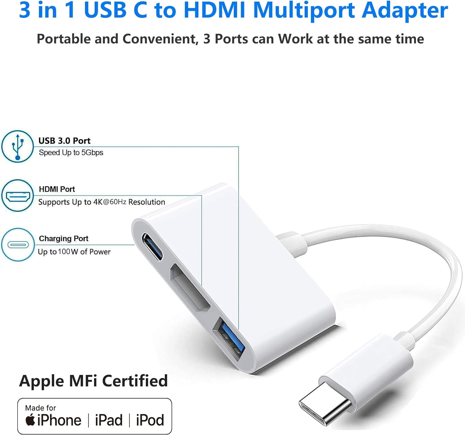 REQO USB-C Digital AV Multiport Adapter, Digital AV Dongle with HDMI 4K@60Hz & USB-A 3.0 & 100W Charge for 15, MacBook Pro Air M1 M2 M3, Pro, iMac
