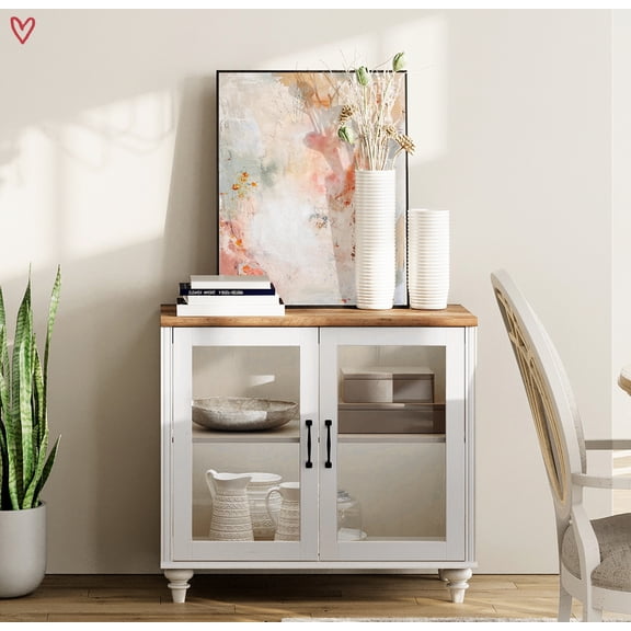 Buffet Cabinet with Glass Door, Kitchen Sideboard with 2 Storage & Adjustable Shelf, Modern Glass Entryway Table or Living Room Dining Room,  White