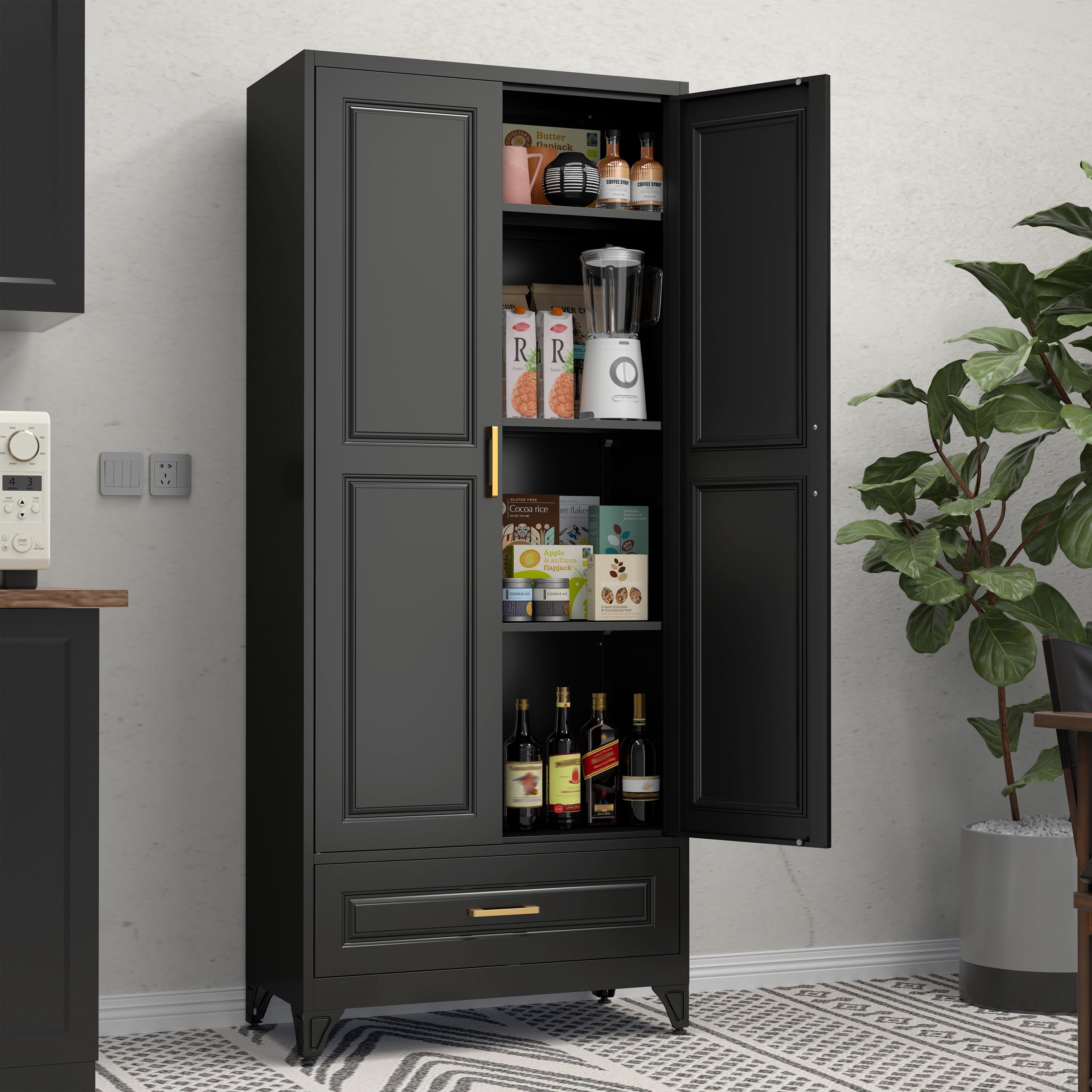 Polup 75"H Kitchen Pantry Cabinet, Metal Pantry Cabinet with Drawer, Storage Cabinets with Adjustable Shelves, Black Food Cupboards, Adult