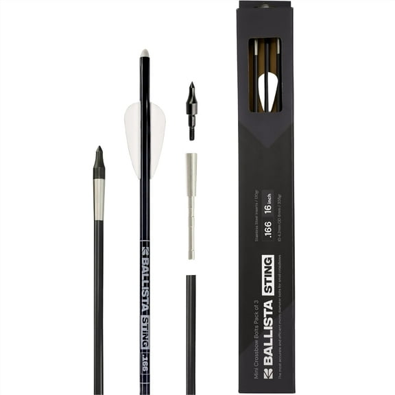 Ballista Sting Micro-Diameter Carbon Crossbow Bolts with Stainless Steel Penetrator Inserts – 16" Arrows – Half-Moon Nocks – 3-Pack