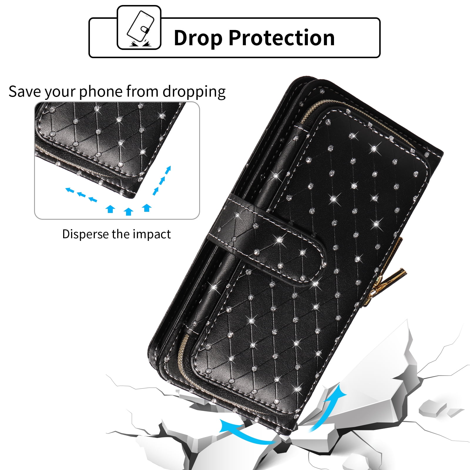 Compatible with iPhone 16e/SE 2025/SE 4 Wallet Phone Case Tempered Glass Screen Protector Bling Glitter Crossbody Lanyard Strap Flip Zipper Purse Card Holder Cell Cover for i Phone16e SE4 Women Black