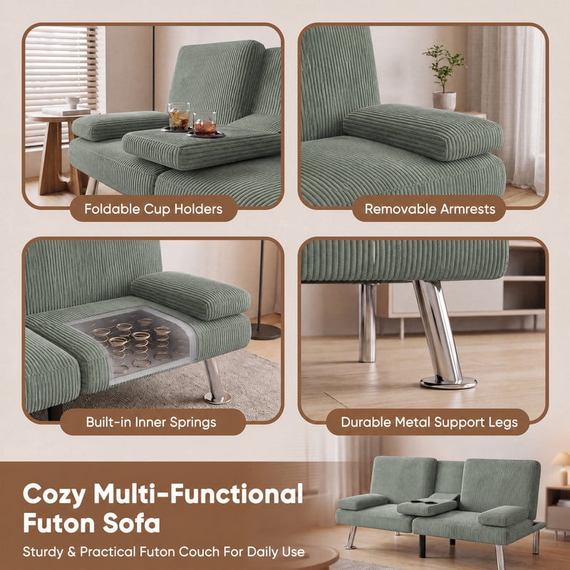 Lacoo Futon Sofa Bed, Corduroy Convertible Couch Sleeper Sofa, Cup Holders, Small Spaces,Green