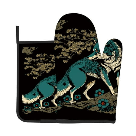 

2pcs Oven Mitts Pot Holders Dark Wolf Kitchen Heat Resistant Hot Pads for Cooking BBQ Baking