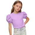 thumbnail image 4 of Ugoldhm Girls' Puff Sleeve Crew Neck T-Shirt Solid Color Loose Fit Casual Tee for Ages 5-15, School & Summer Wear, 4 of 6