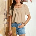 thumbnail image 6 of Olyvenn Women's Hollow Pleated Short Sleeves Square Neck Casual Loose Solid Color Knit T Shirts Tops Blouses Khaki L, 6 of 8