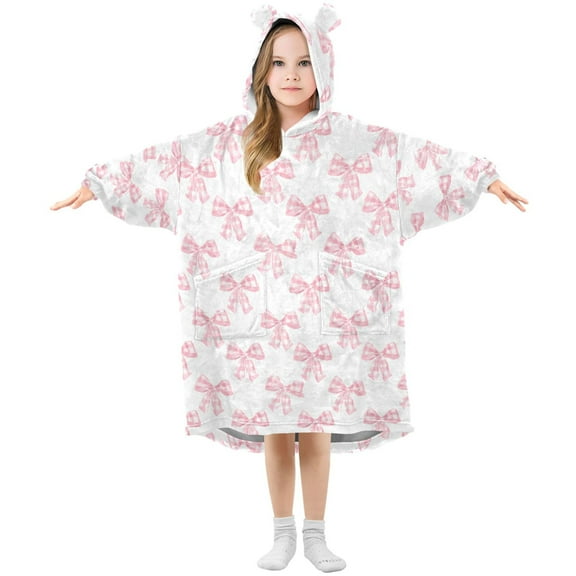 Wearable Blanket Hoodie for Kids Bows Checkered Flannel Hooded Blanket with Pockets and Sleeves Suitable for Boys and Girls