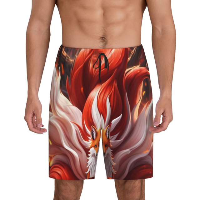 Balery Red Leaf Flame Fox Pantalones cortos de pijama de punto de algodón para hombre con cinturilla y bolsillos-Small