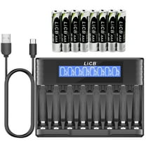 LiCB Rechargeable Batteries AAA 1100mAh with Smart 8 Bay Battery Charger, 8 Count 1.2V NiMH Triple A Battery