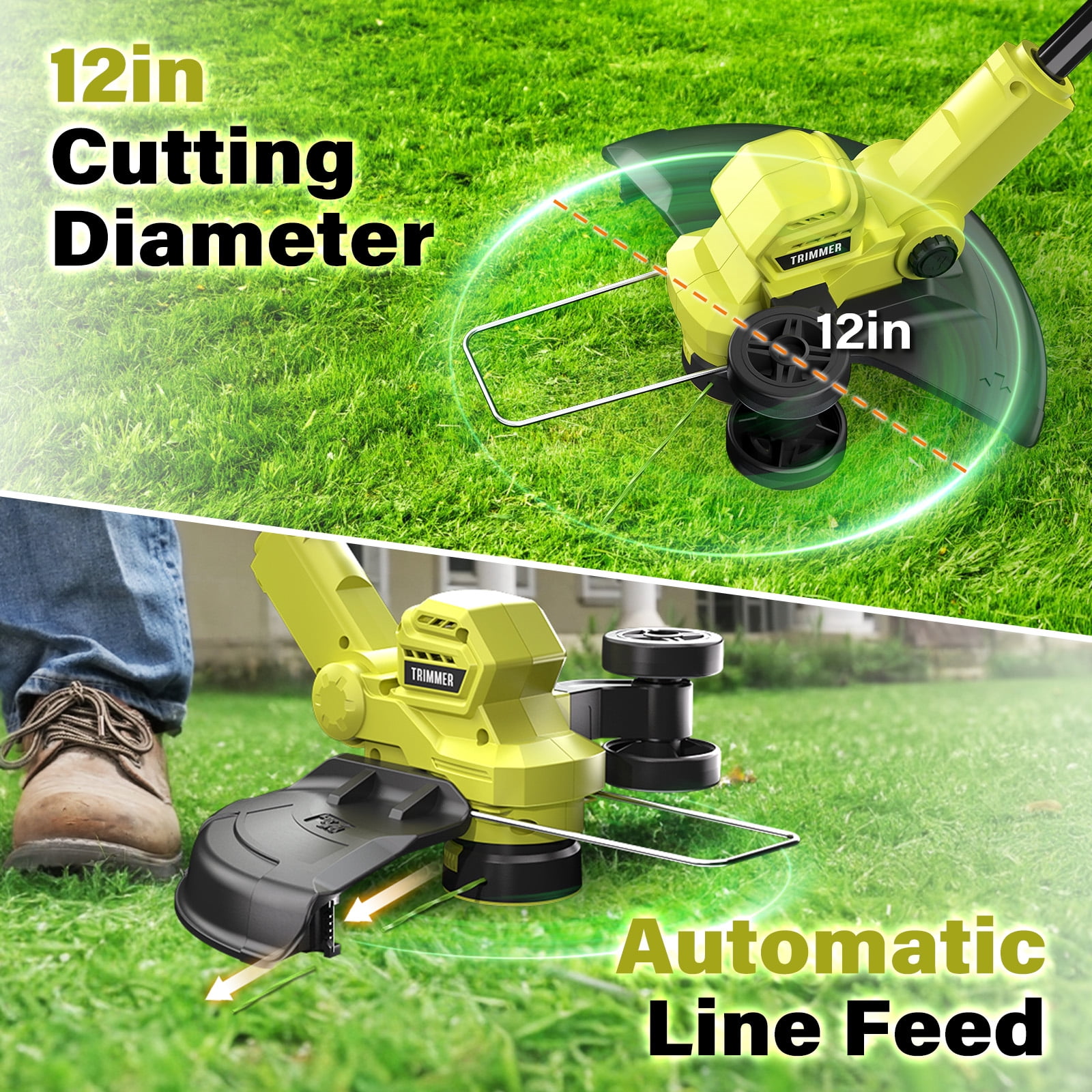 String Trimmer, 12-inch Cordless Grass Trimmer with Auto Line Feed, 2 X 2.0Ah Battery Powered Weed Eaters, 20V Lawn Edger with 8 Pcs Grass Cutter Spool Line, Fast Charger Included