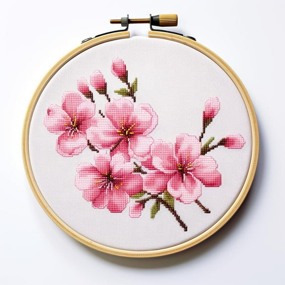 Cherry Flower 11CT Stamped Cross Stitch Kits Easy for Beginners Child with Hoop DIY Needlepoint Counted Embroidery Kits Art Craft Wall Decor 12x12IN(1)