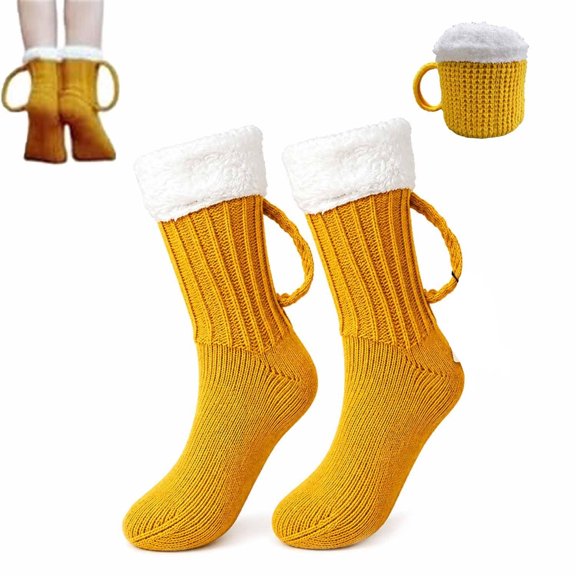 Beer Mug Socks with Handles for Men – 3D Knit Novelty Socks with Fluffy Cuff, Winter Warm Gifts for Christmas, Halloween, and Birthday Parties