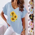 thumbnail image 1 of Fiudx Liquidación de Ofertas Flash Camiseta de Manga Corta con Mangas Informales de Algodón y Cáñamo con Cuello En V y Estampado de Girasoles para Mujer, 1 of 6