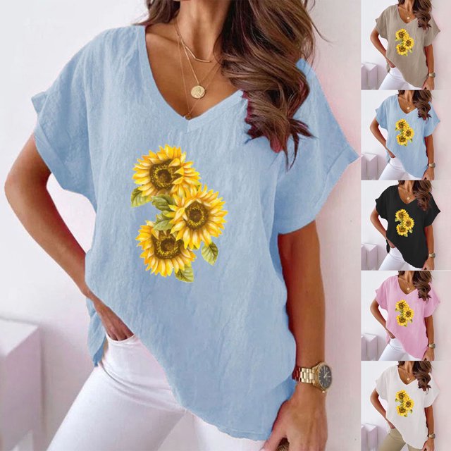 Fiudx Liquidación de Ofertas Flash Camiseta de Manga Corta con Mangas Informales de Algodón y Cáñamo con Cuello En V y Estampado de Girasoles para Mujer