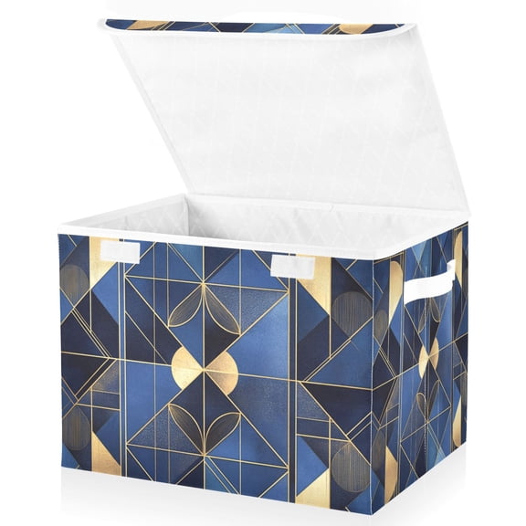 Yayeee Collapsible Storage Bin with Lid Fabric Closet Decorative Basket with Handles, Blue Geometric Pattern
