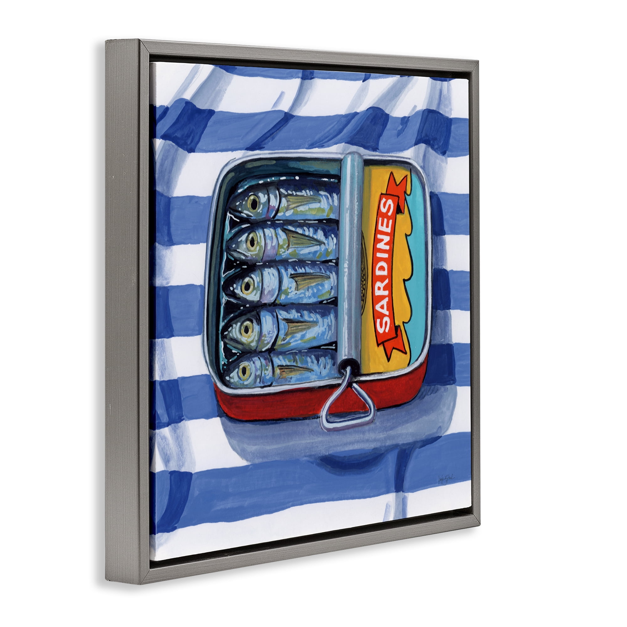 Stupell Industries Sardines On Striped Cloth Gray Framed Floater Canvas Wall Art, design by Kate Jarvik Birch