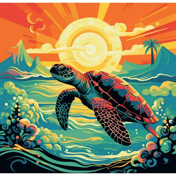 Swimming Sea Turtle Sunset DIY 5D Diamond Art Painting by Number Kits for Adults Paint with Full Drill Round Diamond Gems Painting Art Craft for Home Wall Decor 13.8x13.8inch
