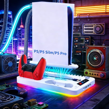 GAMINJA PS5 Cooling Stand with Dual PS5 Controller Charger Dock  PS5 Accessories PS5 Cooling Station for PlayStation 5 Disc/PS5 Digital/PS5 Slim Disc/PS5 Slim Digital/PS5 Pro Disc/PS5 Pro Digital