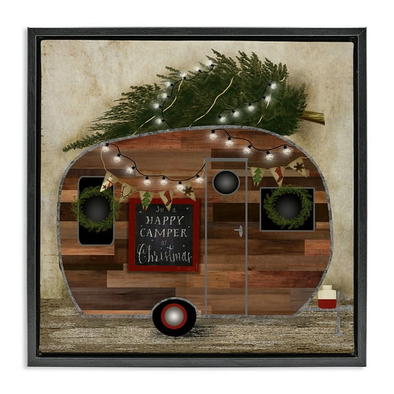 Stupell Industries Happy Camper At Christmas Holiday Painting Black Floater Framed Canvas Art Print Wall Art, 18 x 18