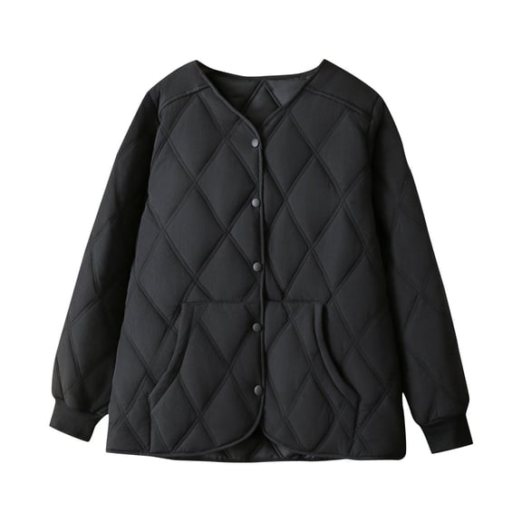 Hueook Coats for Women Women Warm Quilted Jackets for Women Long Sleeve Floral Soild Puffer Jacket Coats with Pockets Black 2X