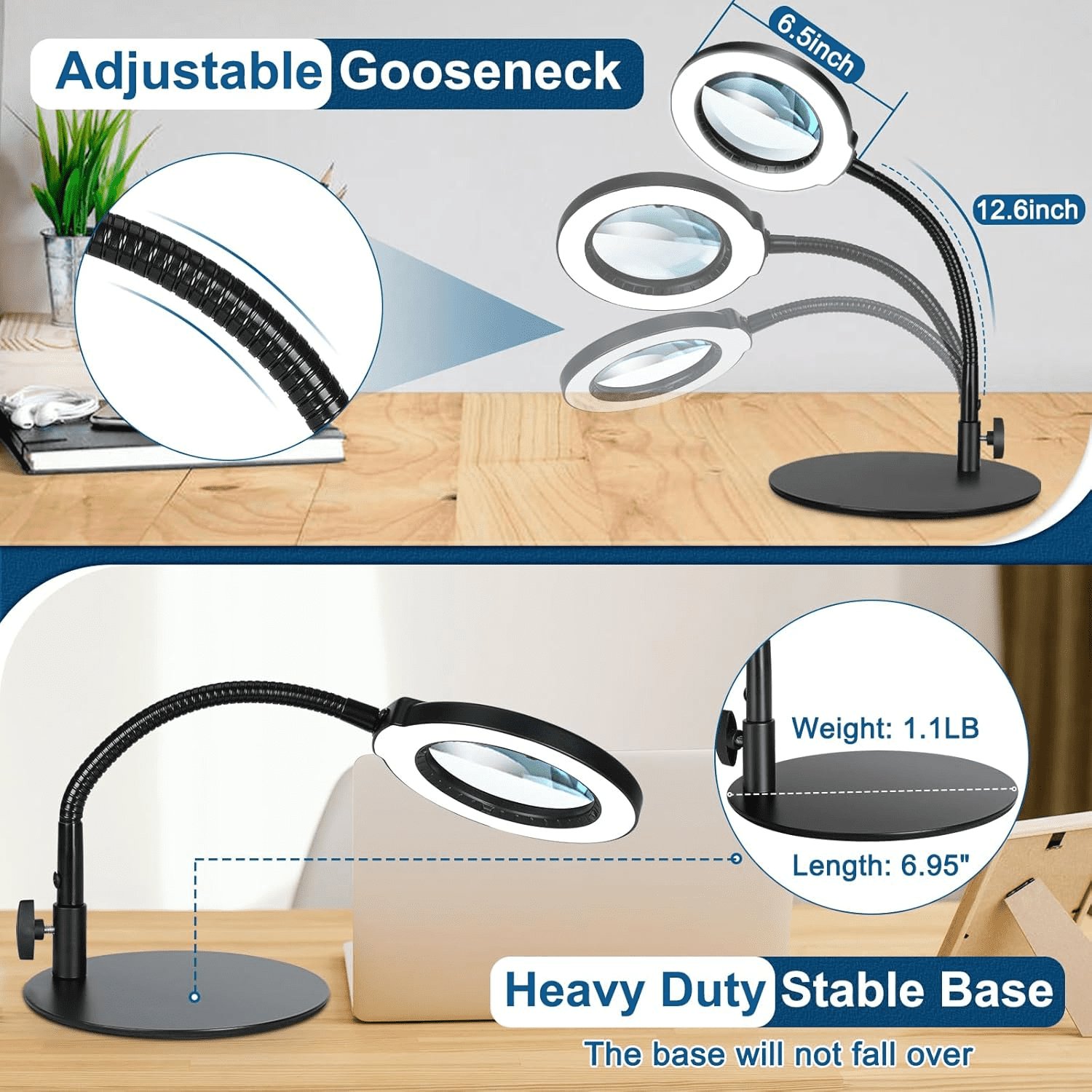 Lighted Magnifying Glass with Stand - Real Glass Lens, 5 Color Modes Dimmable, Flexible Gooseneck Hands-Free LED Desk Lamp for Crafts, Painting, Sewing & Close Work
