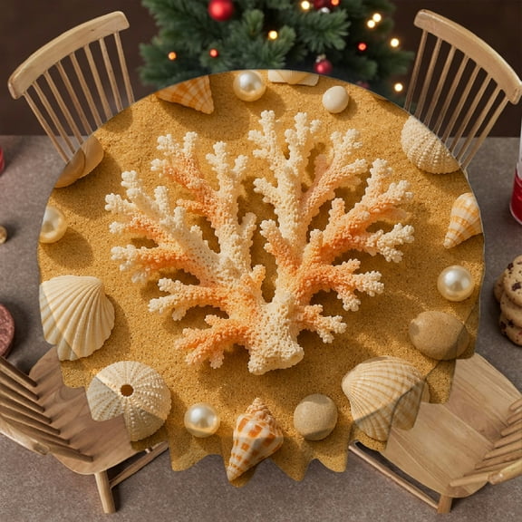 RKSupls 60-Inch Round Tablecloth for Dining Table - Seashell Coral Sand Beach Print, Machine-Made   Soft Family Round Table Cover , Idea for Home Dining, Banquets